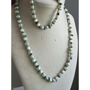VTG Genuine 10k Clasps Freshwater Pearl Turquoise Gem Necklace Bracelet Set PPC